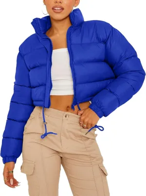Kissonic Women's Cropped Puffer Jacket Full Zip Stand Collar Quilted Jacket Winter Coats with Pockets