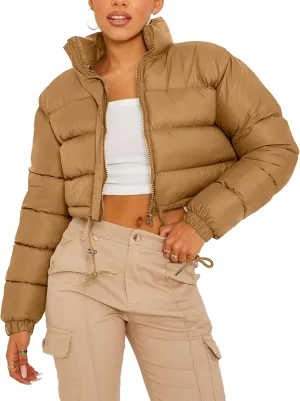 Kissonic Women's Cropped Puffer Jacket Full Zip Stand Collar Quilted Jacket Winter Coats with Pockets