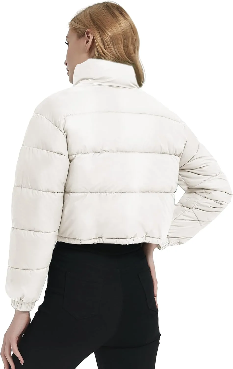 Kissonic Women's Cropped Puffer Jacket Full Zip Stand Collar Quilted Jacket Winter Coats with Pockets