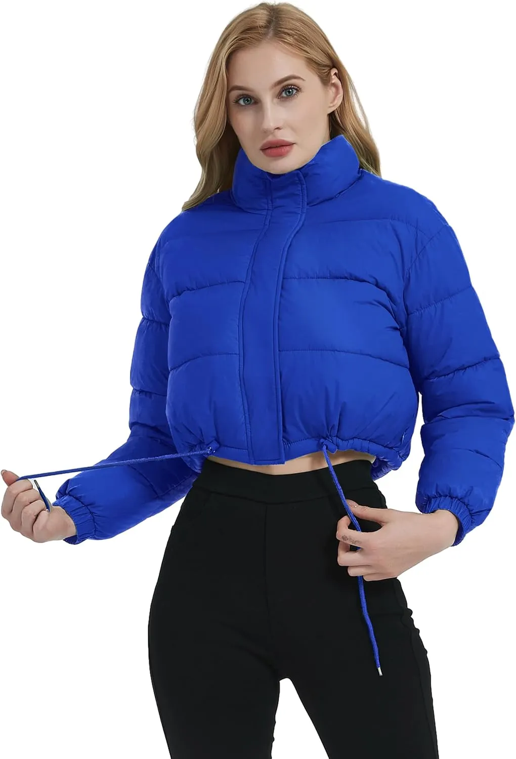 Kissonic Women's Cropped Puffer Jacket Full Zip Stand Collar Quilted Jacket Winter Coats with Pockets