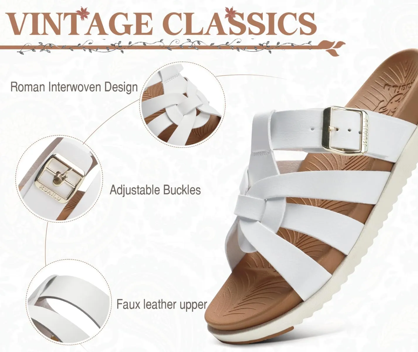 KuaiLu Gladiator Sandals for Women with Comfortable Arch Support Summer Beach Walking Fisherman Slides Boho Outfits Slip on Cushion Shoes Indoor Outdoor