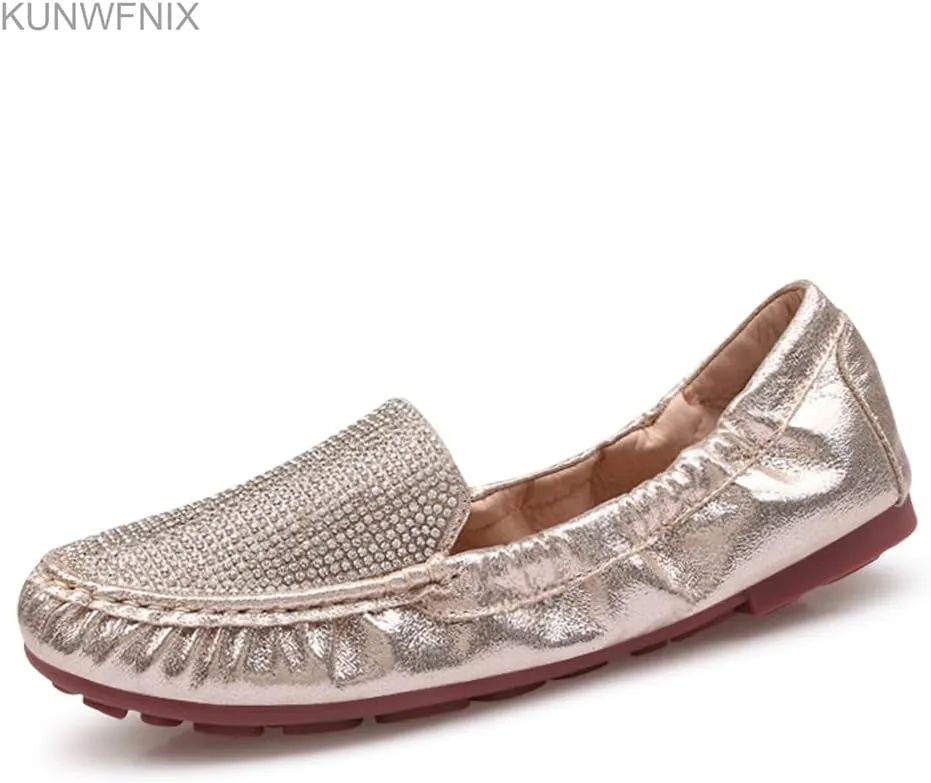 KUNWFNIX Women's Ballet Flats Crystal Wedding Ballerina Shoes Pointed Toe Pearl Diamond Low Heel Comfortable Dressy Work Business Dance Flats