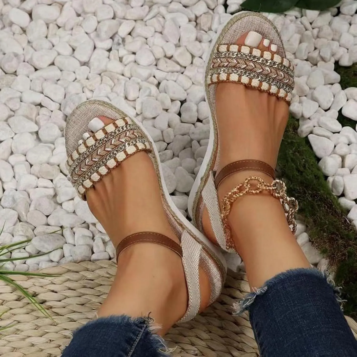 Ladies Weave Open Toe Strap Summer Slope Heel Thick Soled Wedges Roman Sandals Platforms Athletic Hiking Sandals
