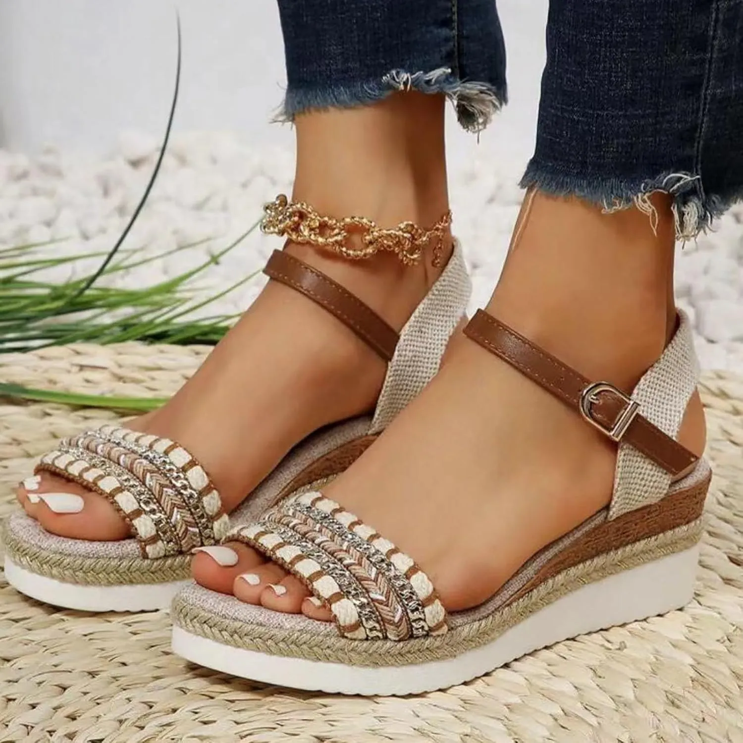 Ladies Weave Open Toe Strap Summer Slope Heel Thick Soled Wedges Roman Sandals Platforms Athletic Hiking Sandals