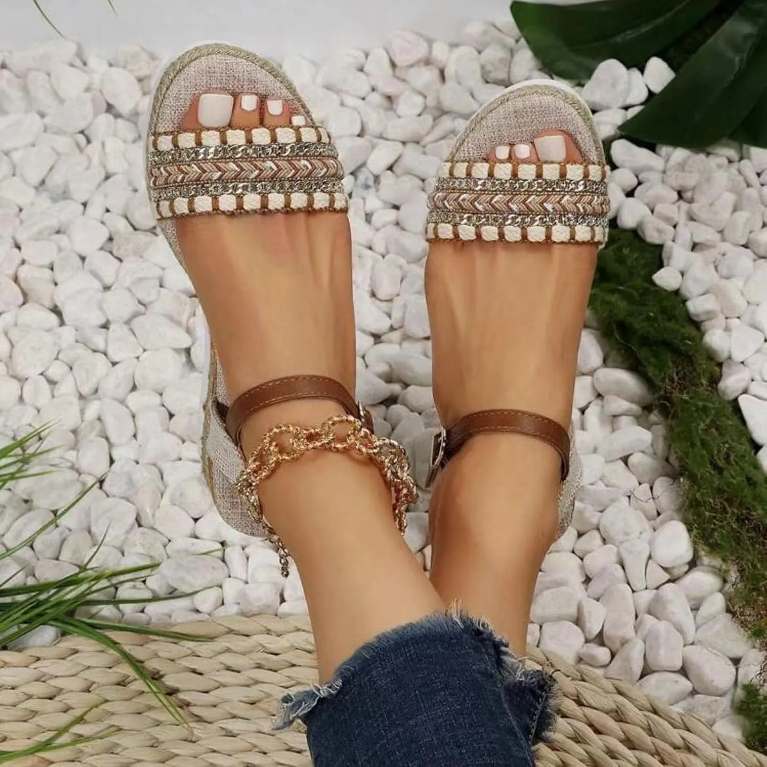 Ladies Weave Open Toe Strap Summer Slope Heel Thick Soled Wedges Roman Sandals Platforms Athletic Hiking Sandals