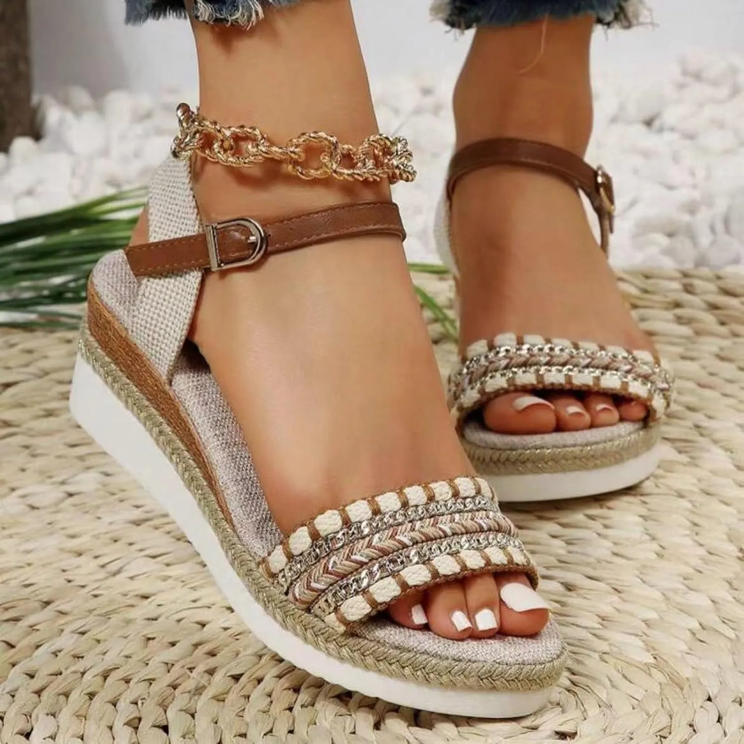 Ladies Weave Open Toe Strap Summer Slope Heel Thick Soled Wedges Roman Sandals Platforms Athletic Hiking Sandals