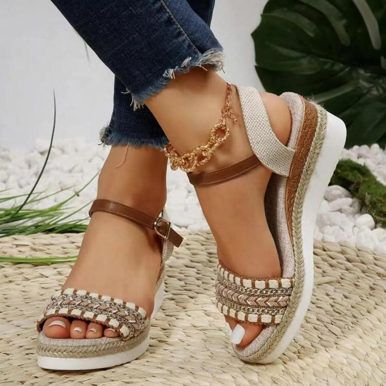 Ladies Weave Open Toe Strap Summer Slope Heel Thick Soled Wedges Roman Sandals Platforms Athletic Hiking Sandals