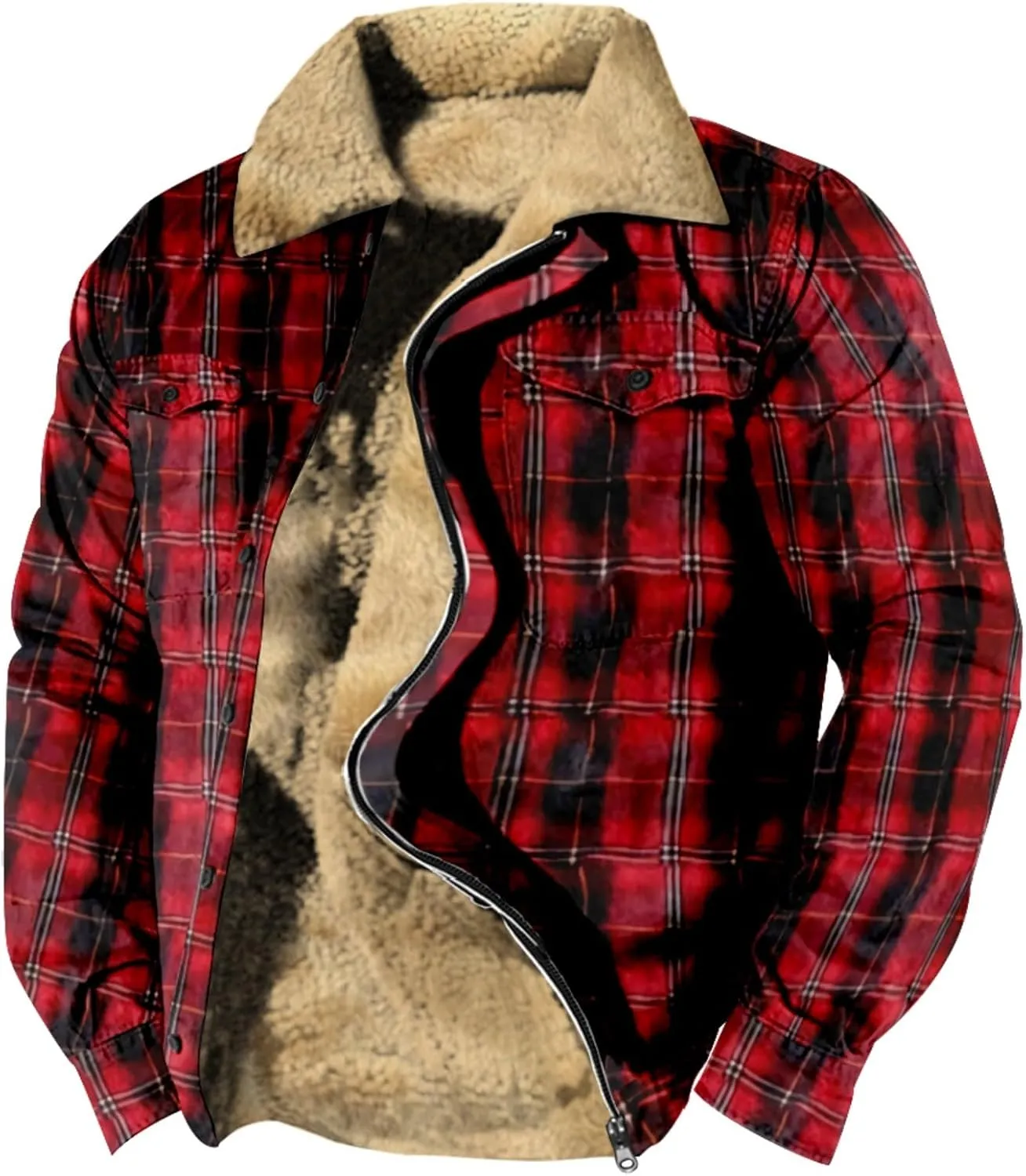 LCMTWX Men's Flannel Jackets Plaid Pocket Hooded Padded Loose Shirt Top Jacket Coats Lined Hooded Plaid Shirt Jacket Fleece