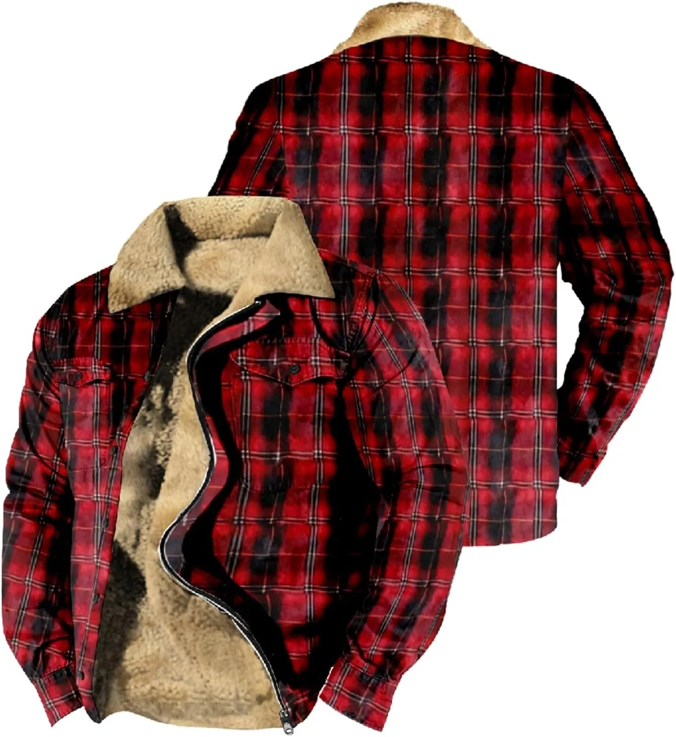 LCMTWX Men's Flannel Jackets Plaid Pocket Hooded Padded Loose Shirt Top Jacket Coats Lined Hooded Plaid Shirt Jacket Fleece