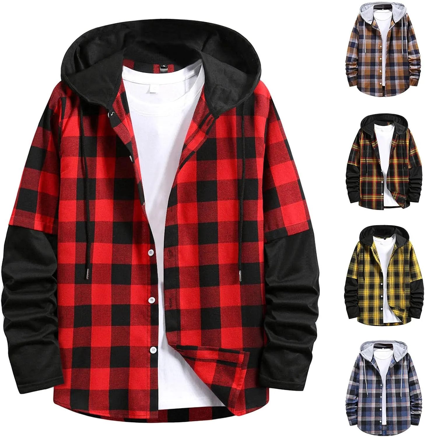 LCMTWX Mens Plaid Flannel Jacket Plaid Print Lapel Button Down Pocket Long Sleeve Shirt Patchwork Jacket Thickened ​Coat