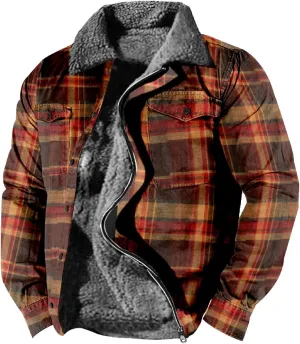 LCMTWX Mens Plaid Jacket Casual Plaid Print Lapel Button Down Pocket Long Sleeve Shirt Patchwork Jacket Thickened ​Coat