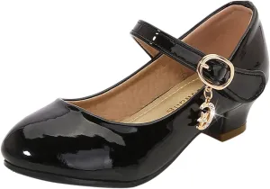 Leather Glitter High Heel Sandals for Kids Girls Ankle Closed Dress Dance Shoes with Pearl Strap Fancy Elegant Sandals