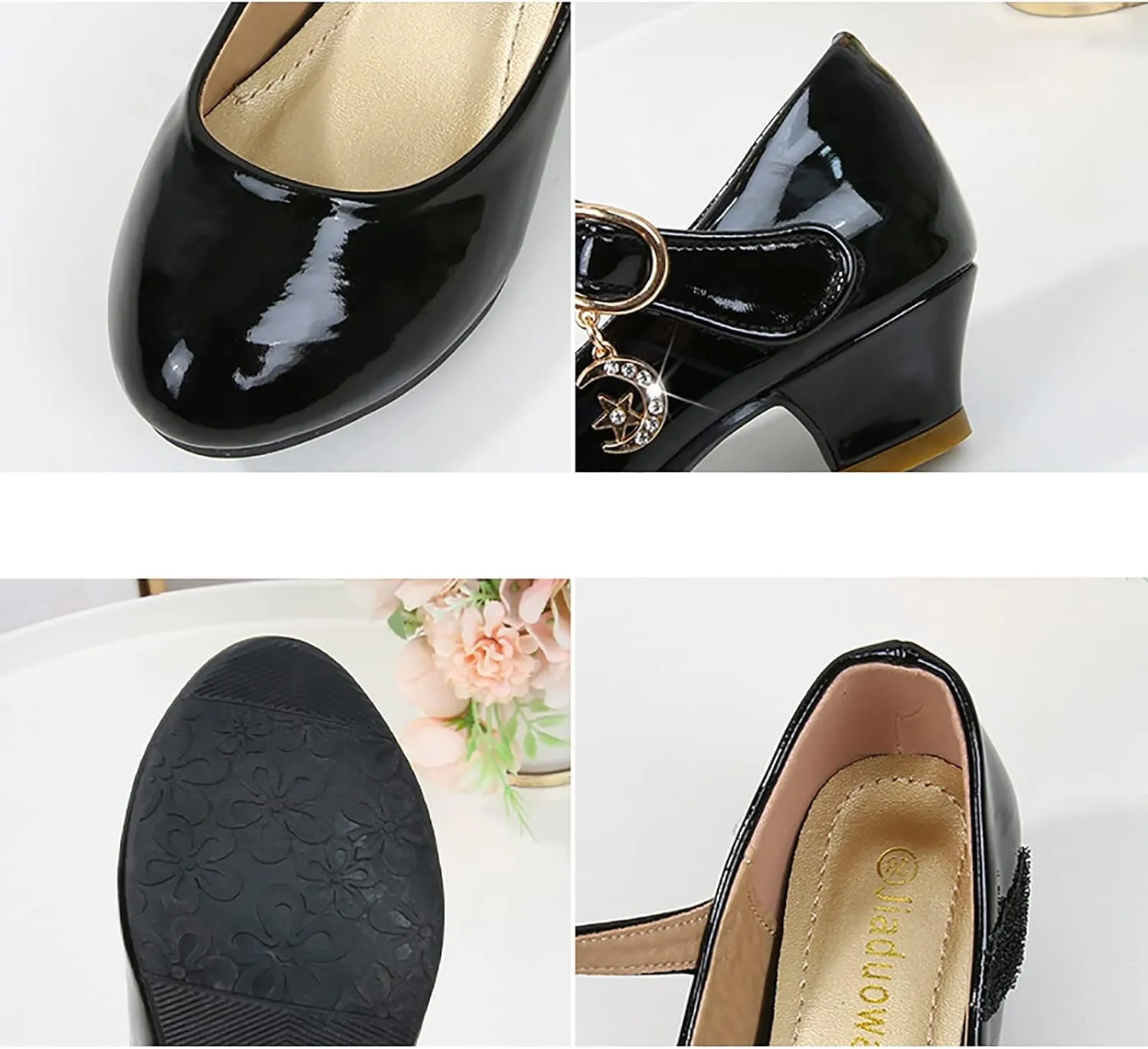 Leather Glitter High Heel Sandals for Kids Girls Ankle Closed Dress Dance Shoes with Pearl Strap Fancy Elegant Sandals