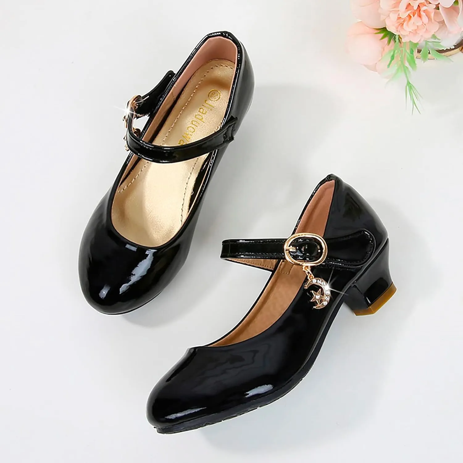 Leather Glitter High Heel Sandals for Kids Girls Ankle Closed Dress Dance Shoes with Pearl Strap Fancy Elegant Sandals