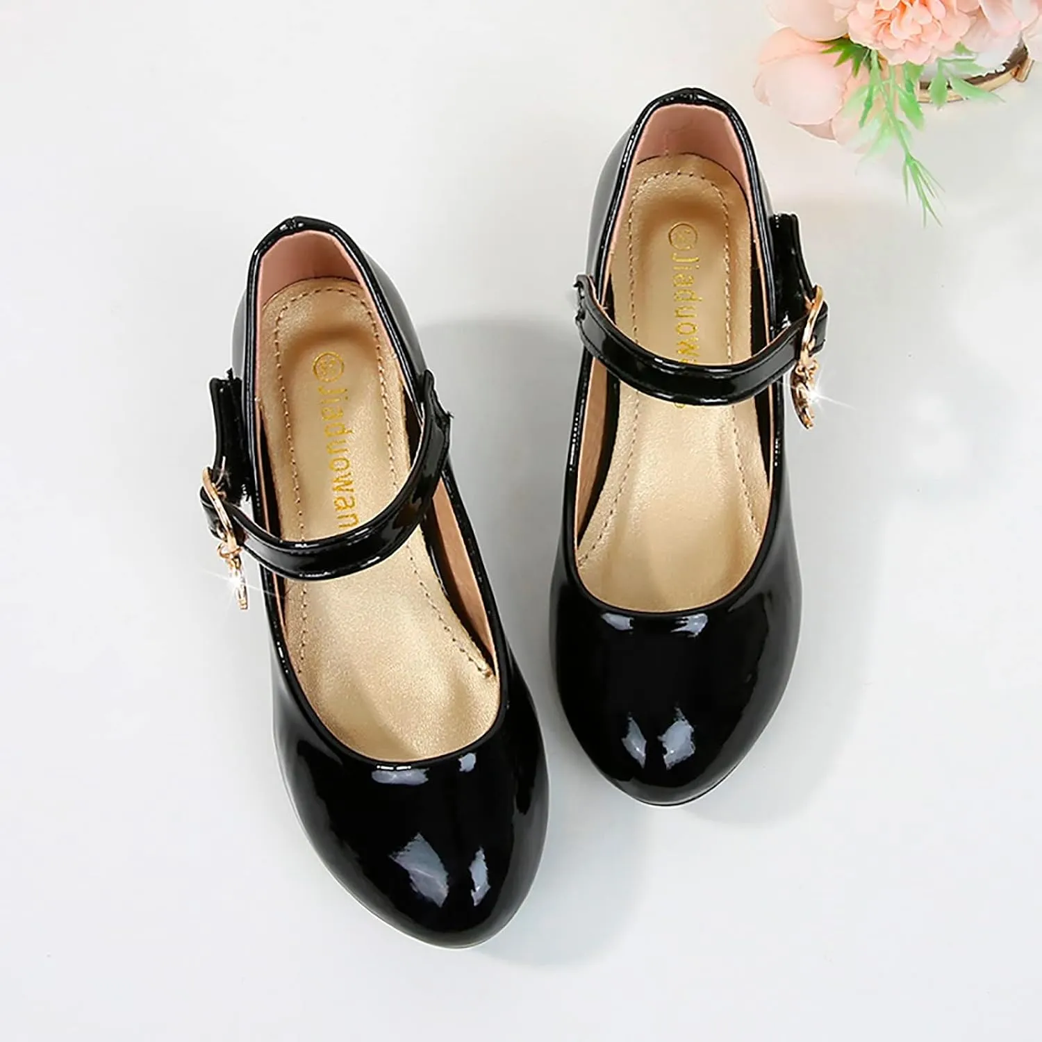 Leather Glitter High Heel Sandals for Kids Girls Ankle Closed Dress Dance Shoes with Pearl Strap Fancy Elegant Sandals