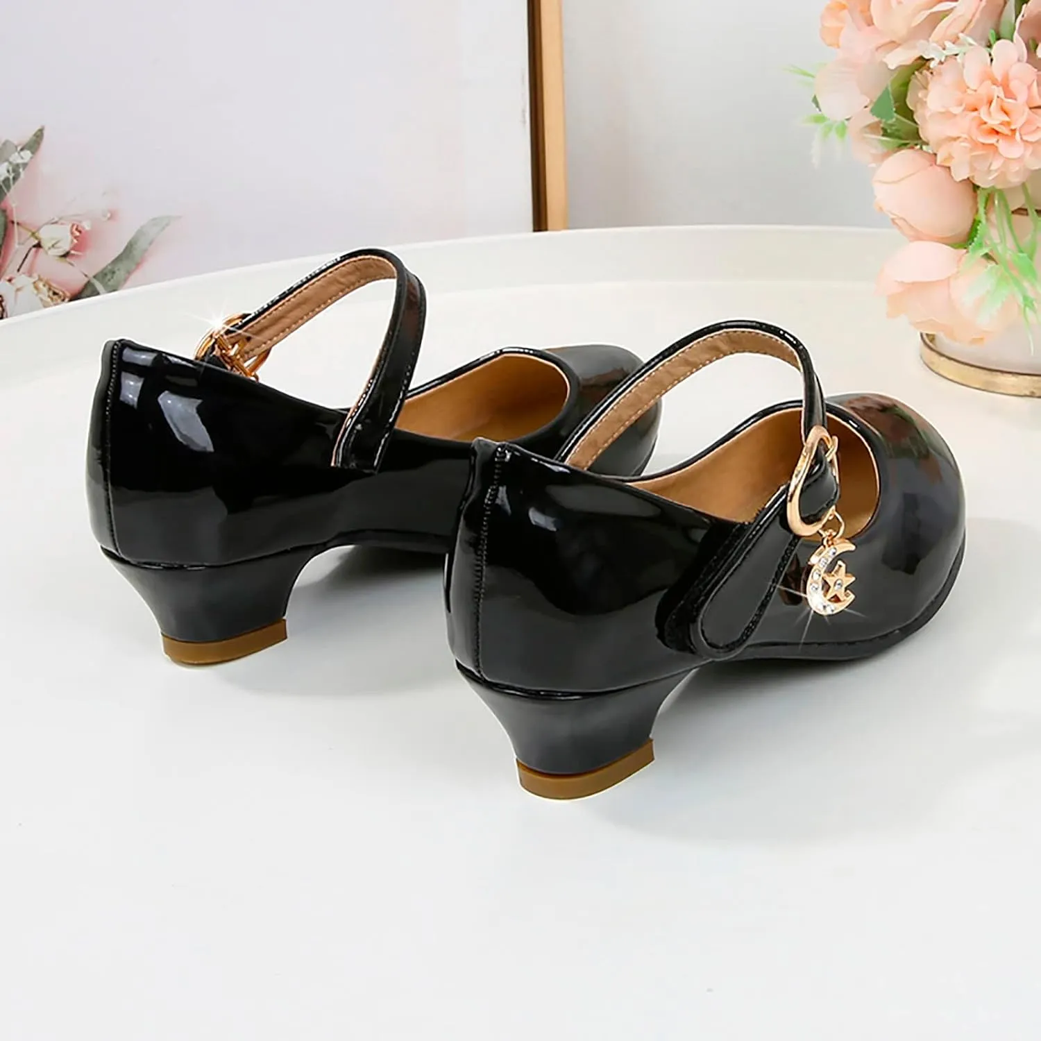 Leather Glitter High Heel Sandals for Kids Girls Ankle Closed Dress Dance Shoes with Pearl Strap Fancy Elegant Sandals