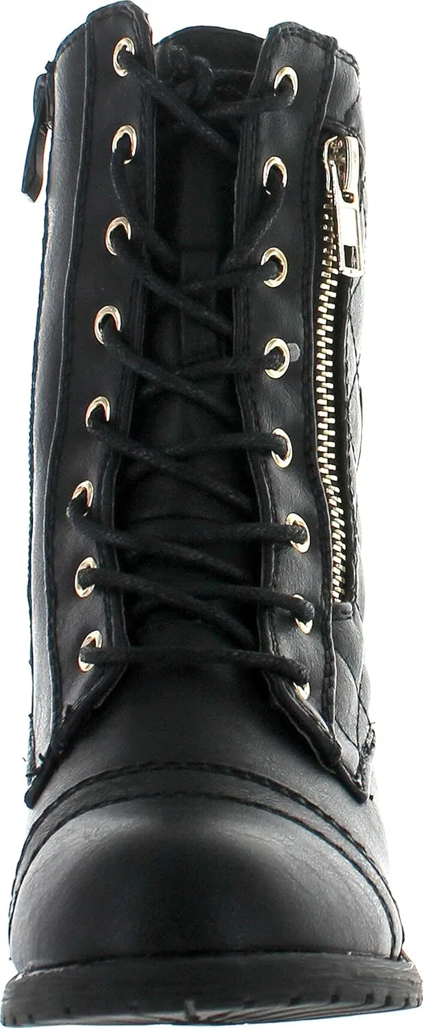 Link Girls Mango-79 Kids Combat Lace Up Quilted Dual Buckle Zip Decor Mid Calf Motorcycle Boots