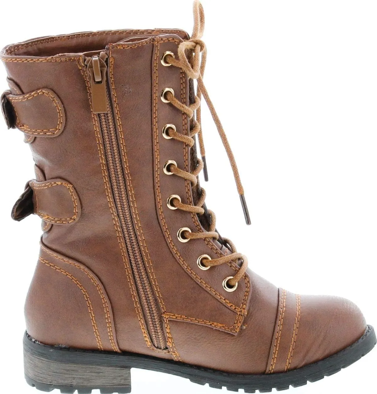 Link Girls Mango-79 Kids Combat Lace Up Quilted Dual Buckle Zip Decor Mid Calf Motorcycle Boots