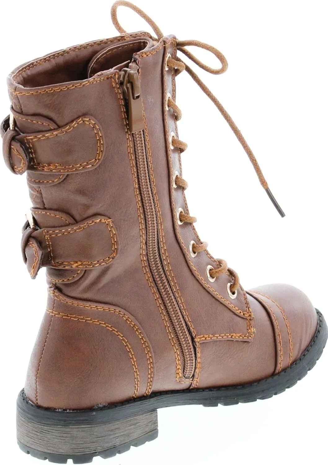 Link Girls Mango-79 Kids Combat Lace Up Quilted Dual Buckle Zip Decor Mid Calf Motorcycle Boots