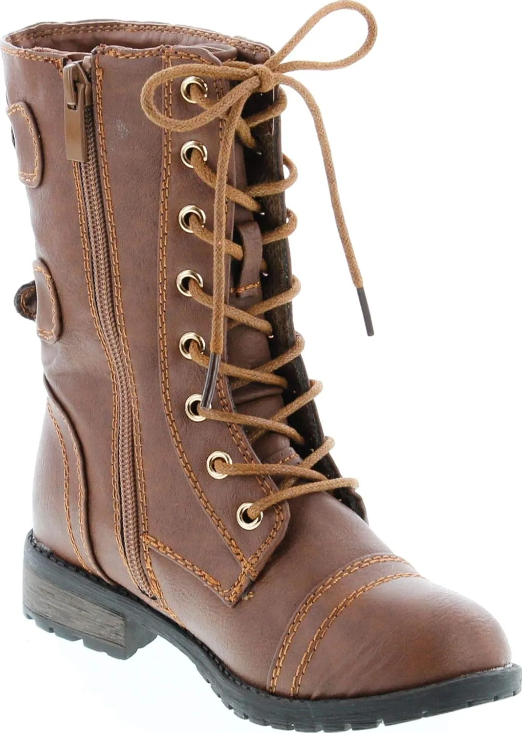 Link Girls Mango-79 Kids Combat Lace Up Quilted Dual Buckle Zip Decor Mid Calf Motorcycle Boots