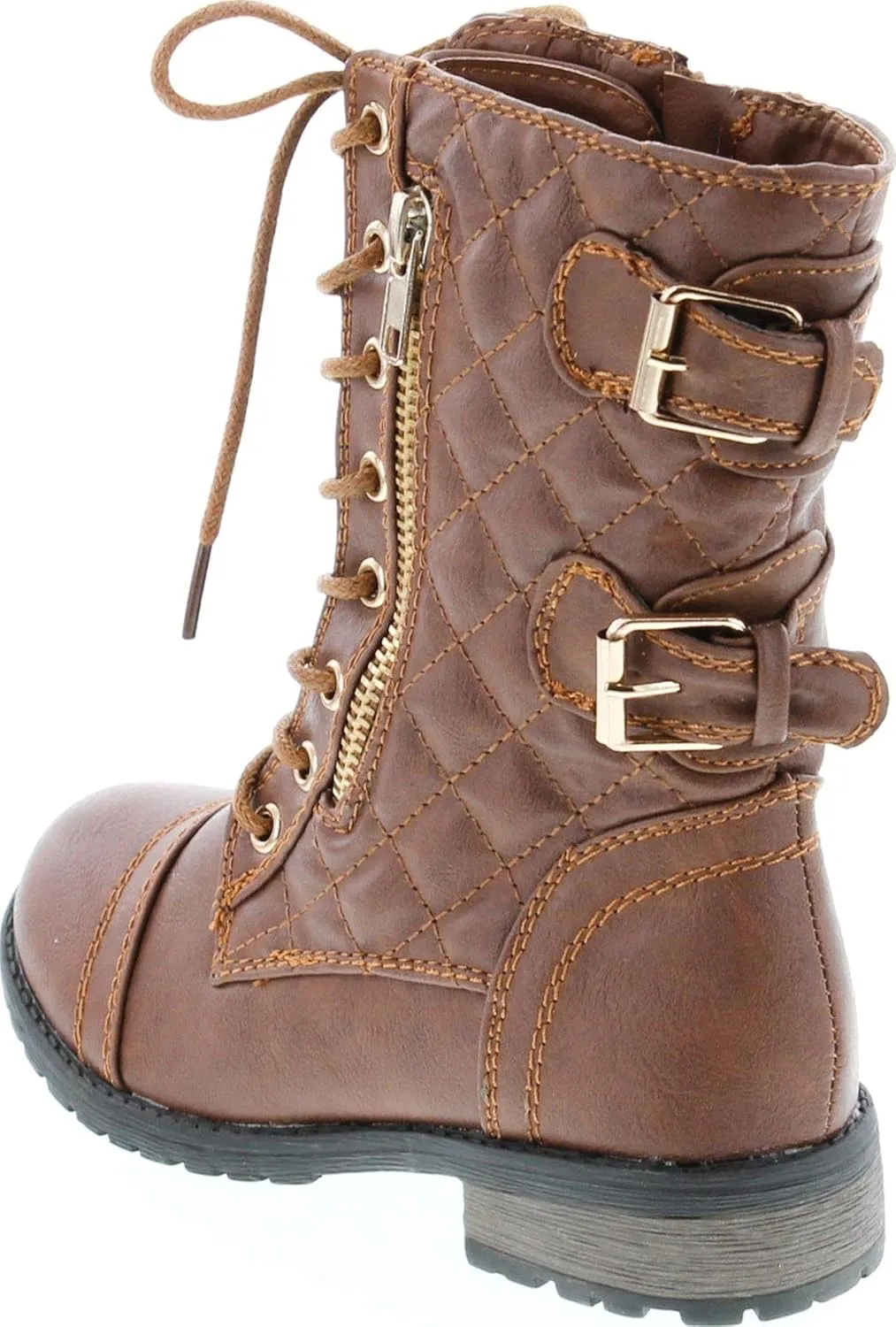 Link Girls Mango-79 Kids Combat Lace Up Quilted Dual Buckle Zip Decor Mid Calf Motorcycle Boots