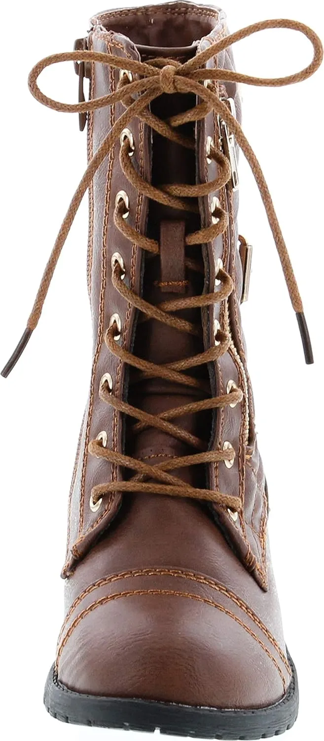 Link Girls Mango-79 Kids Combat Lace Up Quilted Dual Buckle Zip Decor Mid Calf Motorcycle Boots