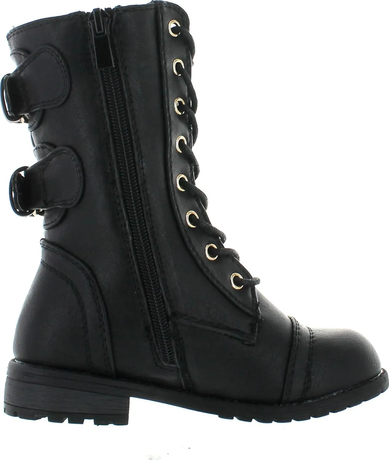 Link Girls Mango-79 Kids Combat Lace Up Quilted Dual Buckle Zip Decor Mid Calf Motorcycle Boots