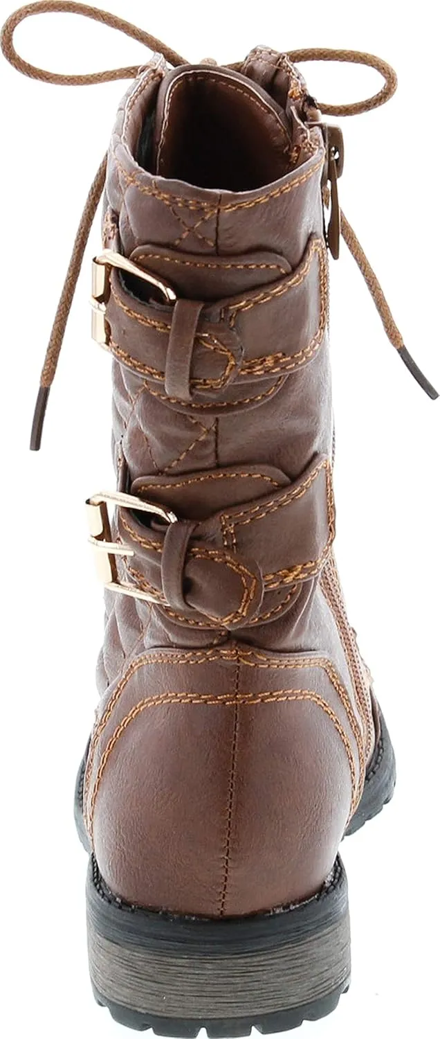 Link Girls Mango-79 Kids Combat Lace Up Quilted Dual Buckle Zip Decor Mid Calf Motorcycle Boots