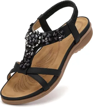 Littleplum Sandals Women Flat Dressy Sandal Summer Comfortable Slip-on Casual Beach Shoes Dress Bohemian Ankle Elastic Flats Sandals
