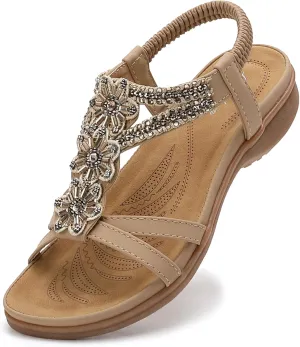 Littleplum Sandals Women Flat Dressy Sandal Summer Comfortable Slip-on Casual Beach Shoes Dress Bohemian Ankle Elastic Flats Sandals