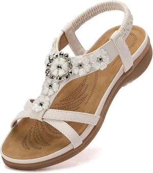 Littleplum Sandals Women Flat Dressy Sandal Summer Comfortable Slip-on Casual Beach Shoes Dress Bohemian Ankle Elastic Flats Sandals