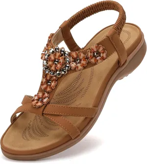 Littleplum Sandals Women Flat Dressy Sandal Summer Comfortable Slip-on Casual Beach Shoes Dress Bohemian Ankle Elastic Flats Sandals