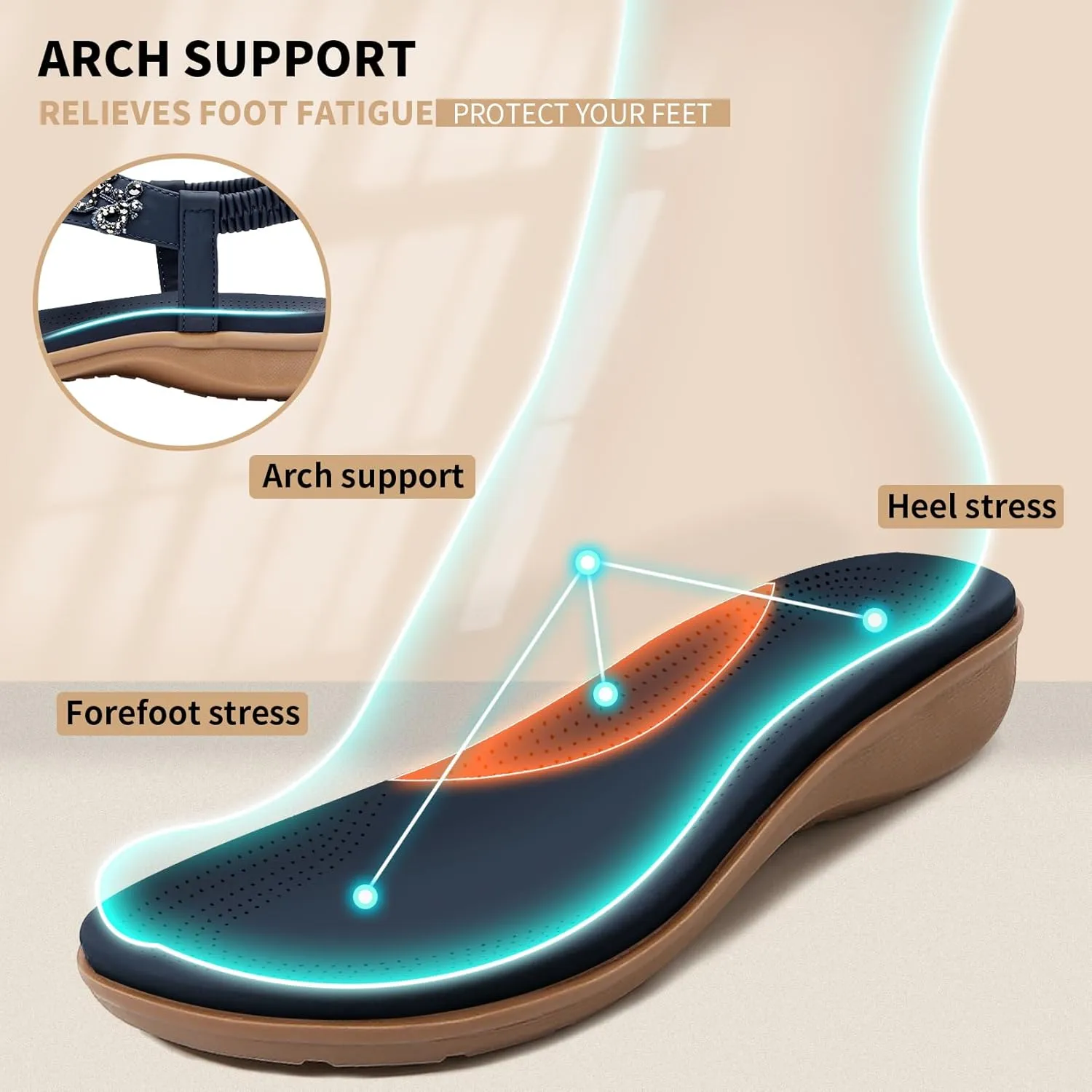 Littleplum Womens Sandals Arch Support Slingback Rhinestone Dressy Sandals Comfort Summer Shoes Ankle Strap Elastic Flats for Beach Walking