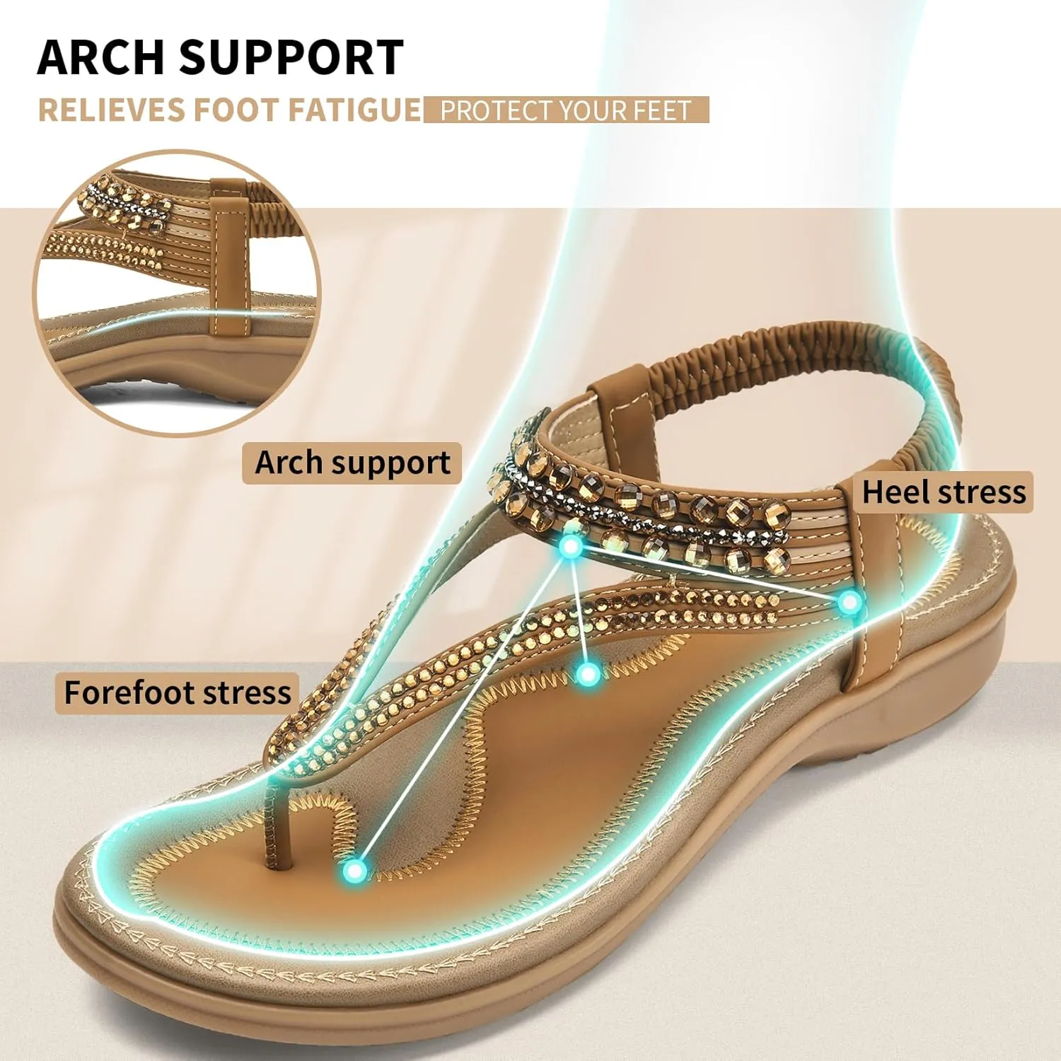 Littleplum Womens Sandals Arch Support Slingback Rhinestone Dressy Sandals Comfort Summer Shoes Ankle Strap Elastic Flats for Beach Walking