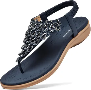 Littleplum Womens Sandals Arch Support Slingback Rhinestone Dressy Sandals Comfort Summer Shoes Ankle Strap Elastic Flats for Beach Walking
