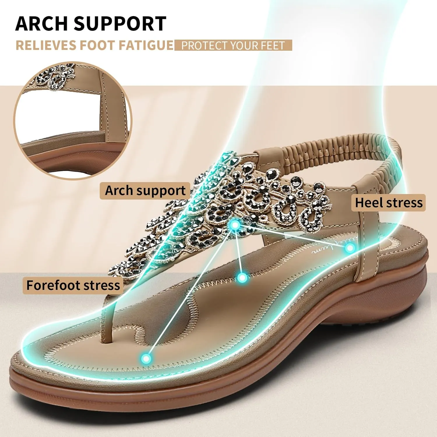Littleplum Womens Sandals Arch Support Slingback Rhinestone Dressy Sandals Comfort Summer Shoes Ankle Strap Elastic Flats for Beach Walking