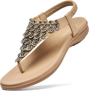 Littleplum Womens Sandals Arch Support Slingback Rhinestone Dressy Sandals Comfort Summer Shoes Ankle Strap Elastic Flats for Beach Walking