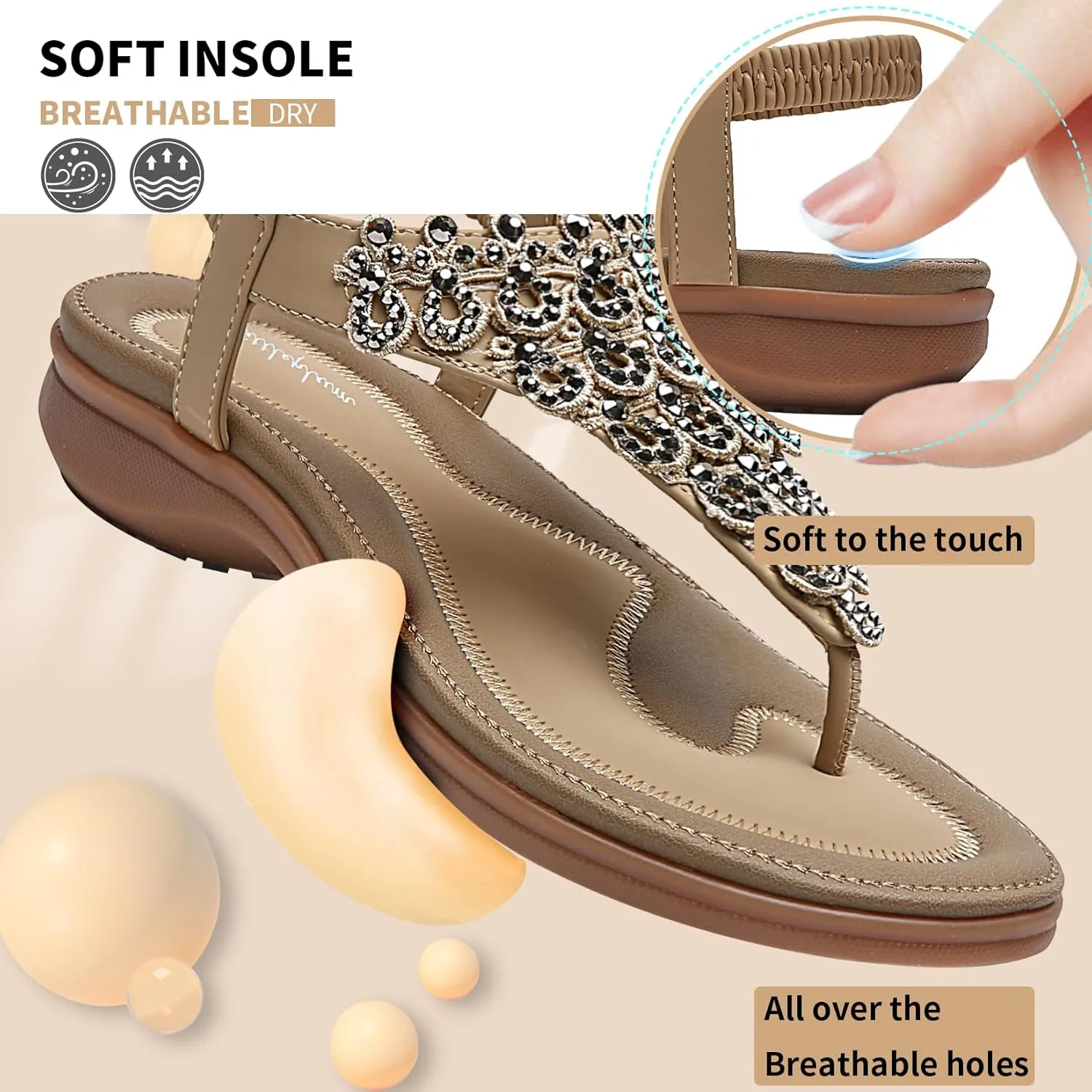 Littleplum Womens Sandals Arch Support Slingback Rhinestone Dressy Sandals Comfort Summer Shoes Ankle Strap Elastic Flats for Beach Walking