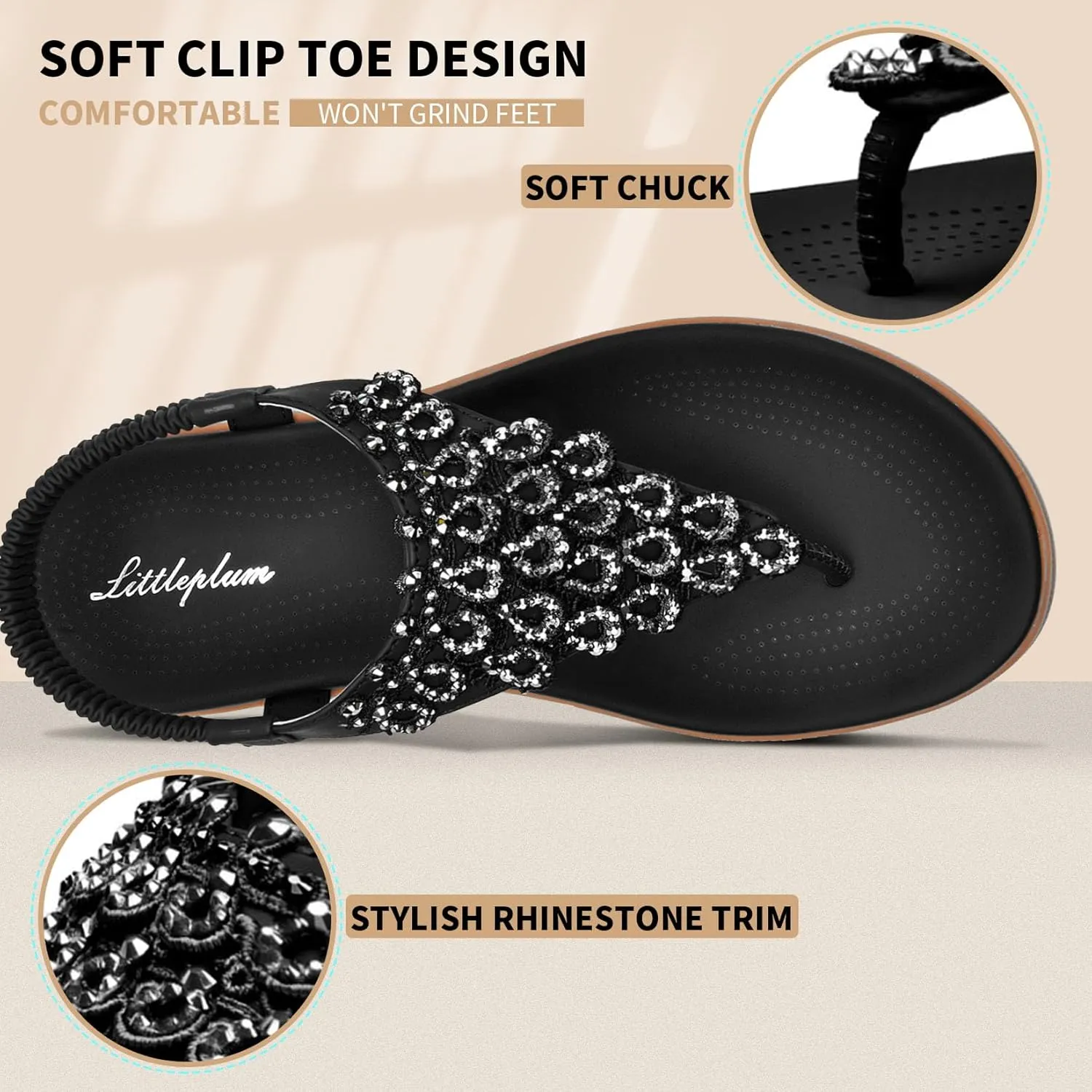 Littleplum Womens Sandals Arch Support Slingback Rhinestone Dressy Sandals Comfort Summer Shoes Ankle Strap Elastic Flats for Beach Walking