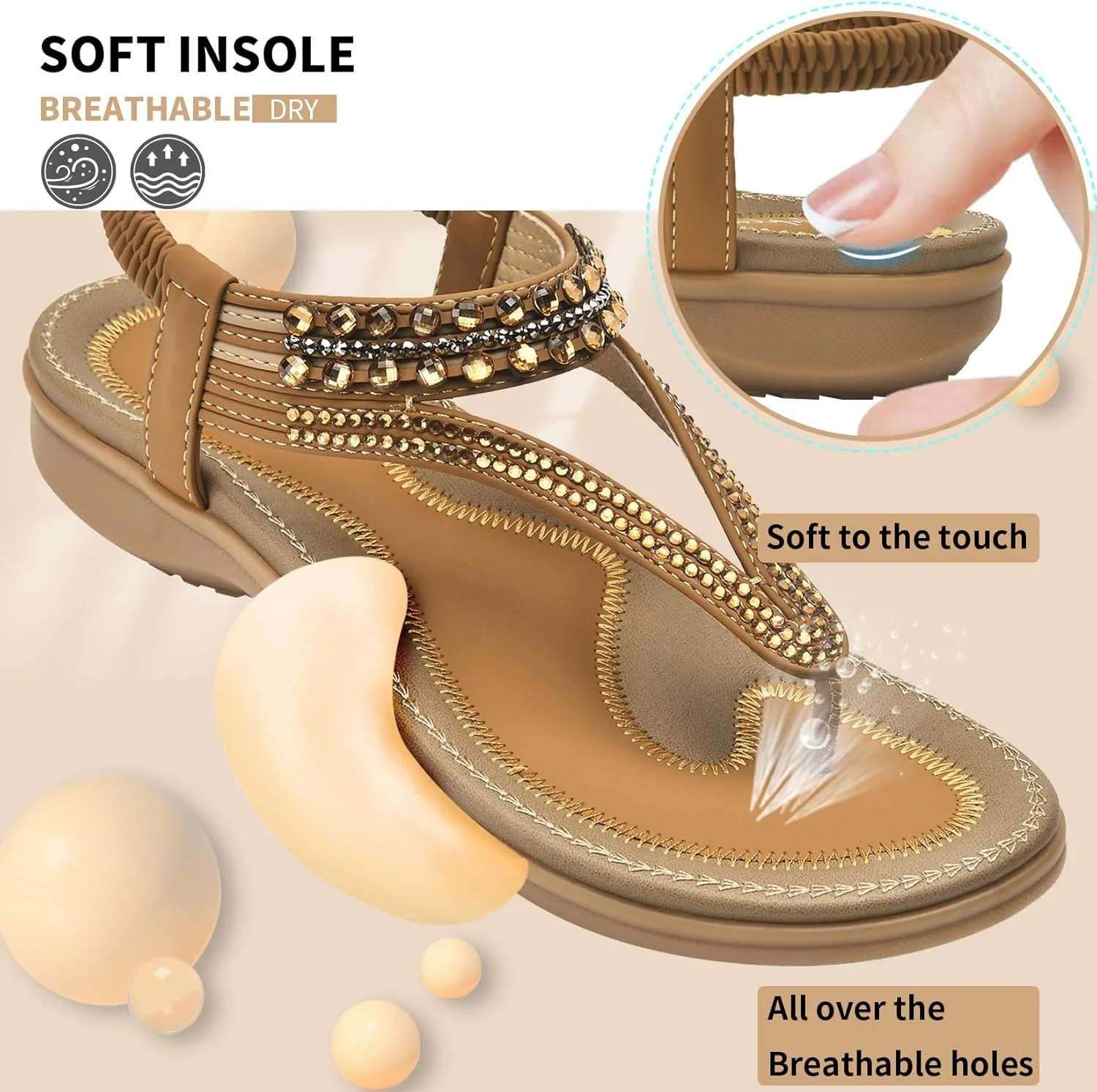 Littleplum Womens Sandals Arch Support Slingback Rhinestone Dressy Sandals Comfort Summer Shoes Ankle Strap Elastic Flats for Beach Walking