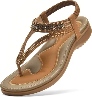 Littleplum Womens Sandals Arch Support Slingback Rhinestone Dressy Sandals Comfort Summer Shoes Ankle Strap Elastic Flats for Beach Walking