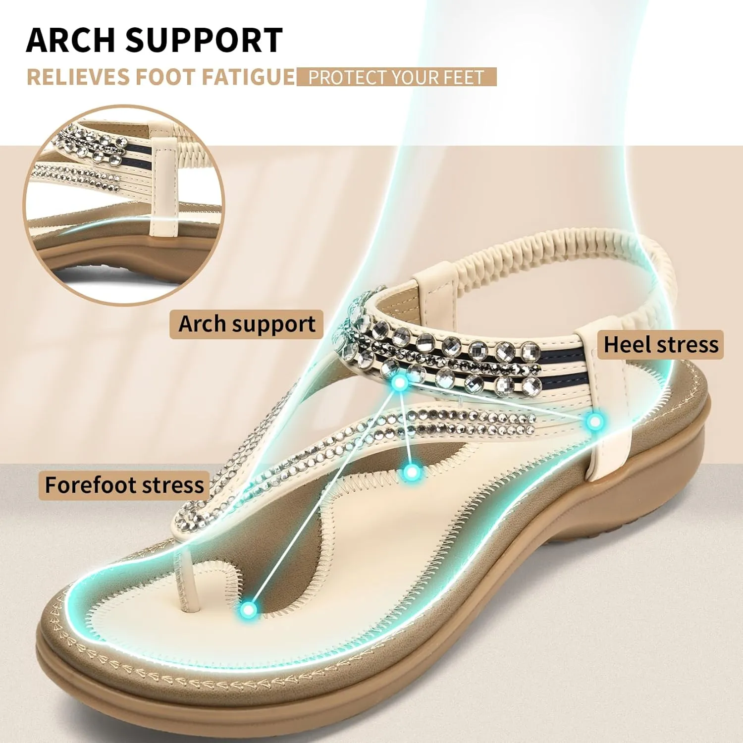 Littleplum Womens Sandals Arch Support Slingback Rhinestone Dressy Sandals Comfort Summer Shoes Ankle Strap Elastic Flats for Beach Walking