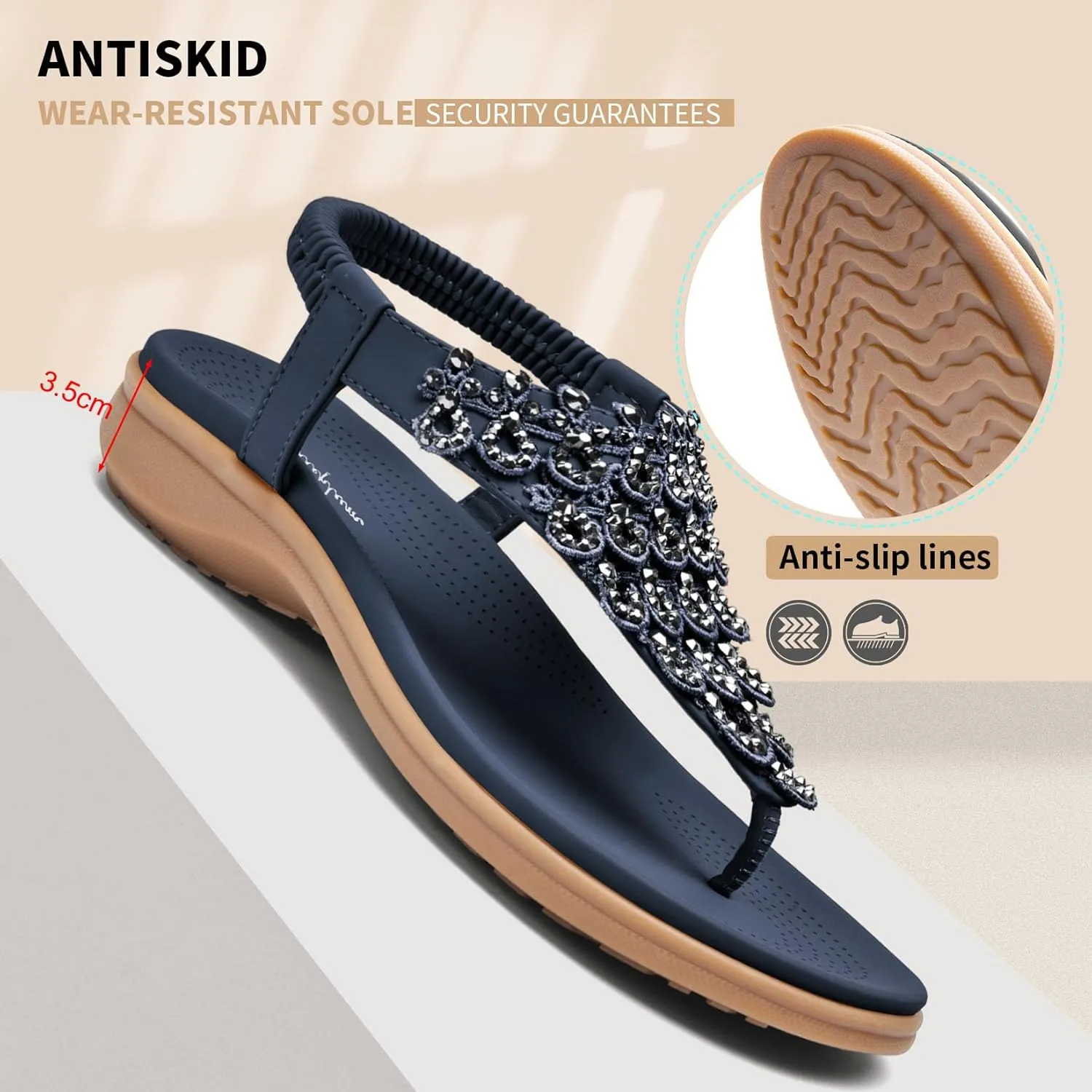 Littleplum Womens Sandals Arch Support Slingback Rhinestone Dressy Sandals Comfort Summer Shoes Ankle Strap Elastic Flats for Beach Walking