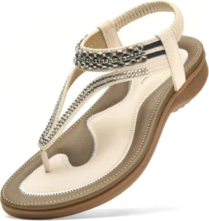 Littleplum Womens Sandals Arch Support Slingback Rhinestone Dressy Sandals Comfort Summer Shoes Ankle Strap Elastic Flats for Beach Walking