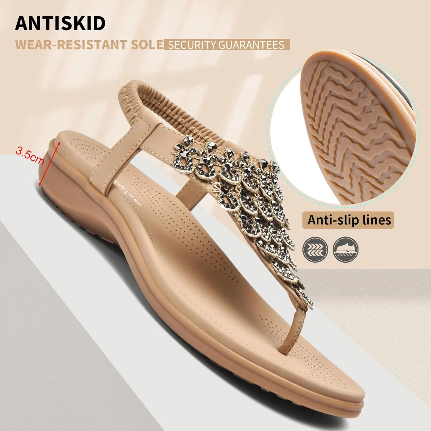 Littleplum Womens Sandals Arch Support Slingback Rhinestone Dressy Sandals Comfort Summer Shoes Ankle Strap Elastic Flats for Beach Walking