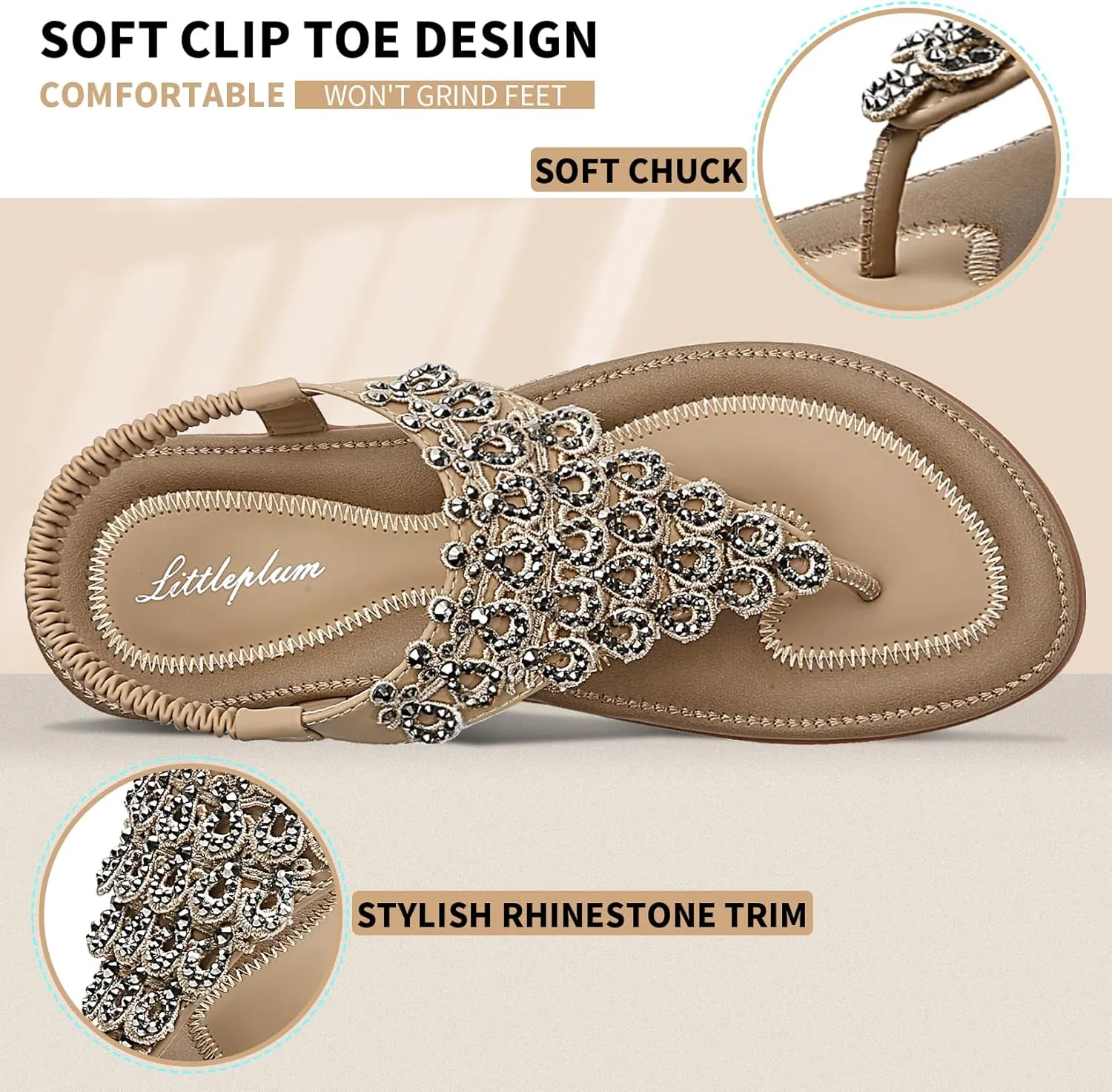 Littleplum Womens Sandals Arch Support Slingback Rhinestone Dressy Sandals Comfort Summer Shoes Ankle Strap Elastic Flats for Beach Walking