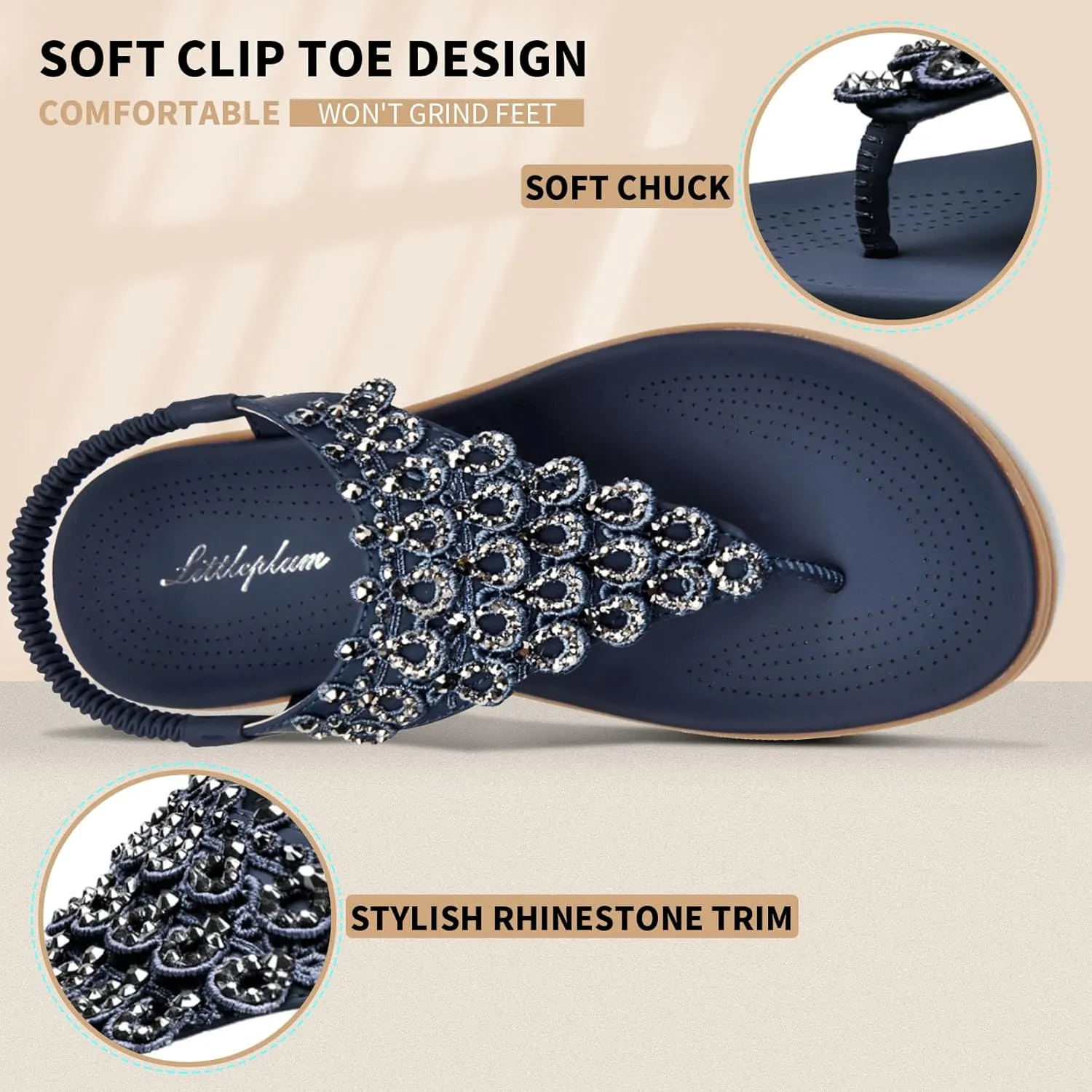 Littleplum Womens Sandals Arch Support Slingback Rhinestone Dressy Sandals Comfort Summer Shoes Ankle Strap Elastic Flats for Beach Walking