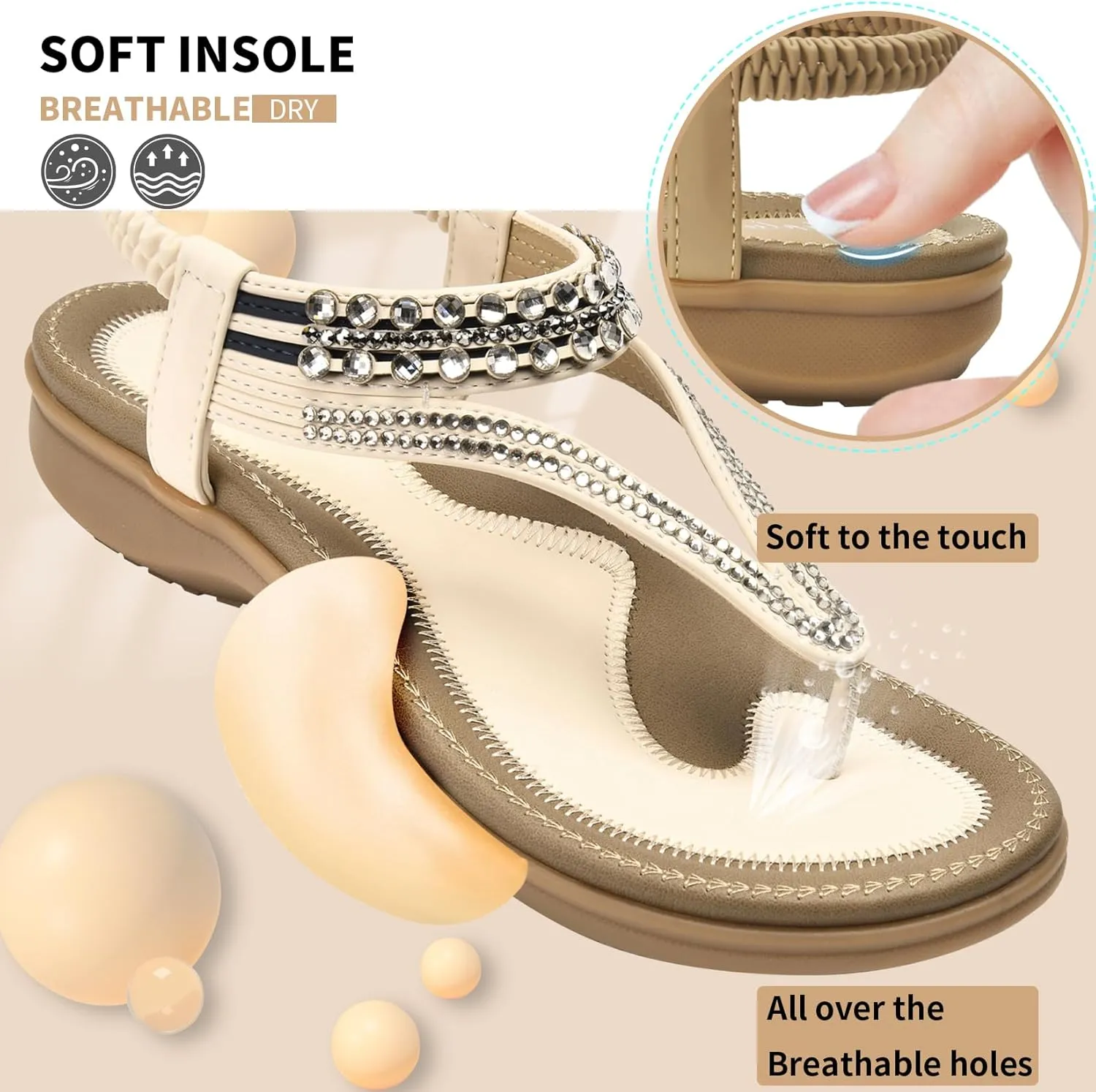 Littleplum Womens Sandals Arch Support Slingback Rhinestone Dressy Sandals Comfort Summer Shoes Ankle Strap Elastic Flats for Beach Walking