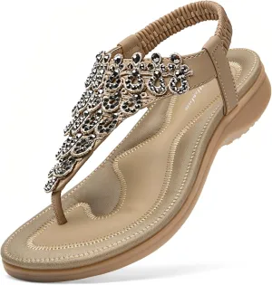 Littleplum Womens Sandals Arch Support Slingback Rhinestone Dressy Sandals Comfort Summer Shoes Ankle Strap Elastic Flats for Beach Walking