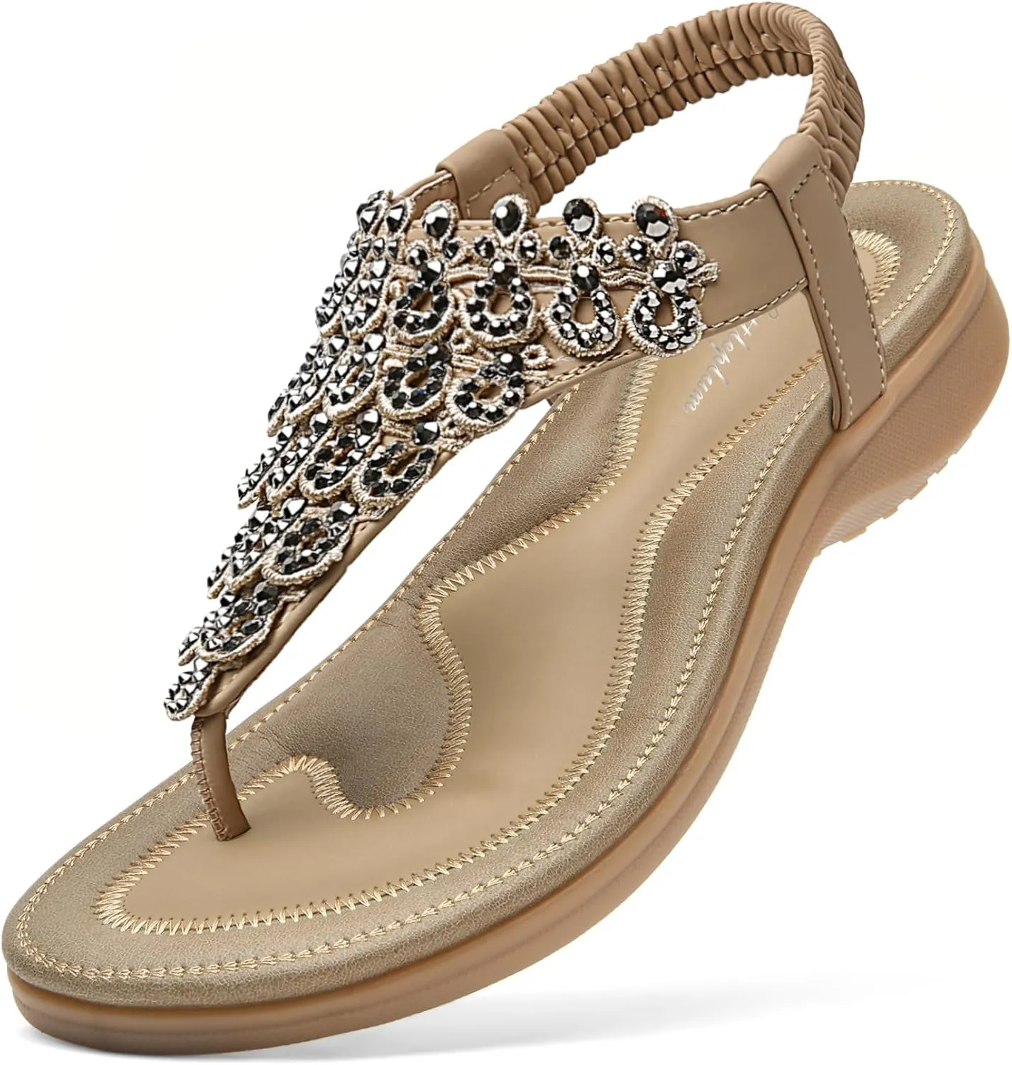 Littleplum Womens Sandals Arch Support Slingback Rhinestone Dressy Sandals Comfort Summer Shoes Ankle Strap Elastic Flats for Beach Walking